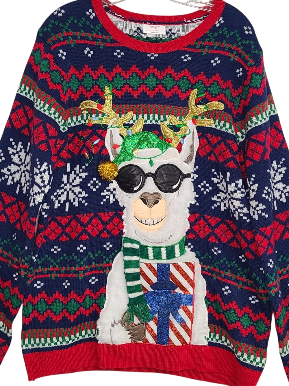 Holiday Time Llama Ugly Christmas Sweater Mens Large L Navy Red Pocket
